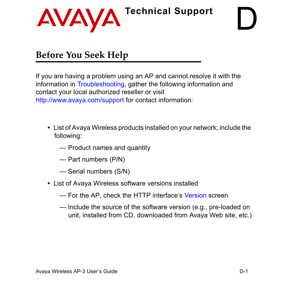 Technical support, Before you seek help, Technical support before you seek help | Avaya Wireless AP-3 User Manual | Page 424 / 425