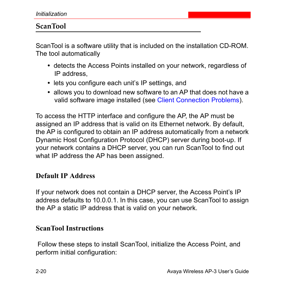 Scantool, Default ip address, Scantool instructions | Scantool -20, Default ip address -20 scantool instructions -20 | Avaya Wireless AP-3 User Manual | Page 51 / 425