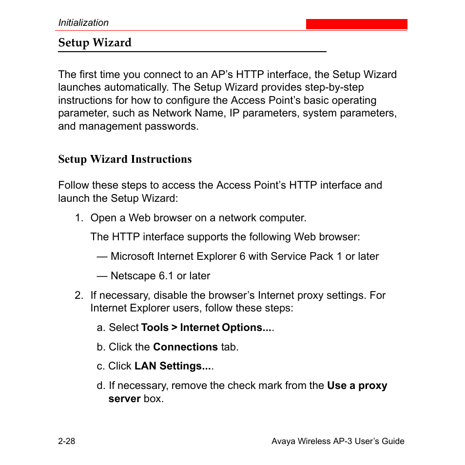 Setup wizard, Setup wizard instructions, Setup wizard -28 | Setup wizard instructions -28 | Avaya Wireless AP-3 User Manual | Page 59 / 425