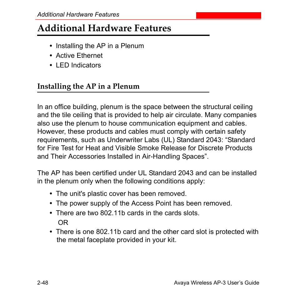 Additional hardware features, Installing the ap in a plenum, Additional hardware features -48 | Installing the ap in a plenum -48 | Avaya Wireless AP-3 User Manual | Page 79 / 425