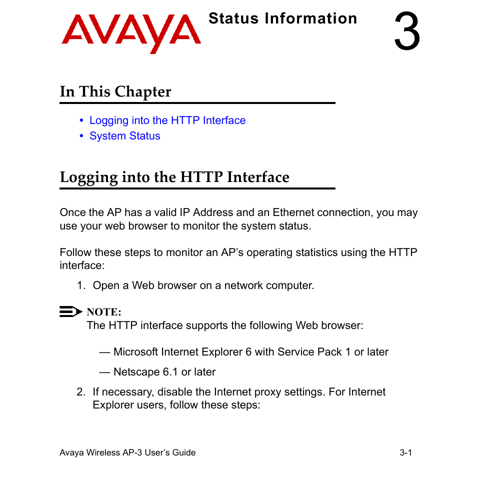 Status information, In this chapter, Logging into the http interface | Avaya Wireless AP-3 User Manual | Page 84 / 425