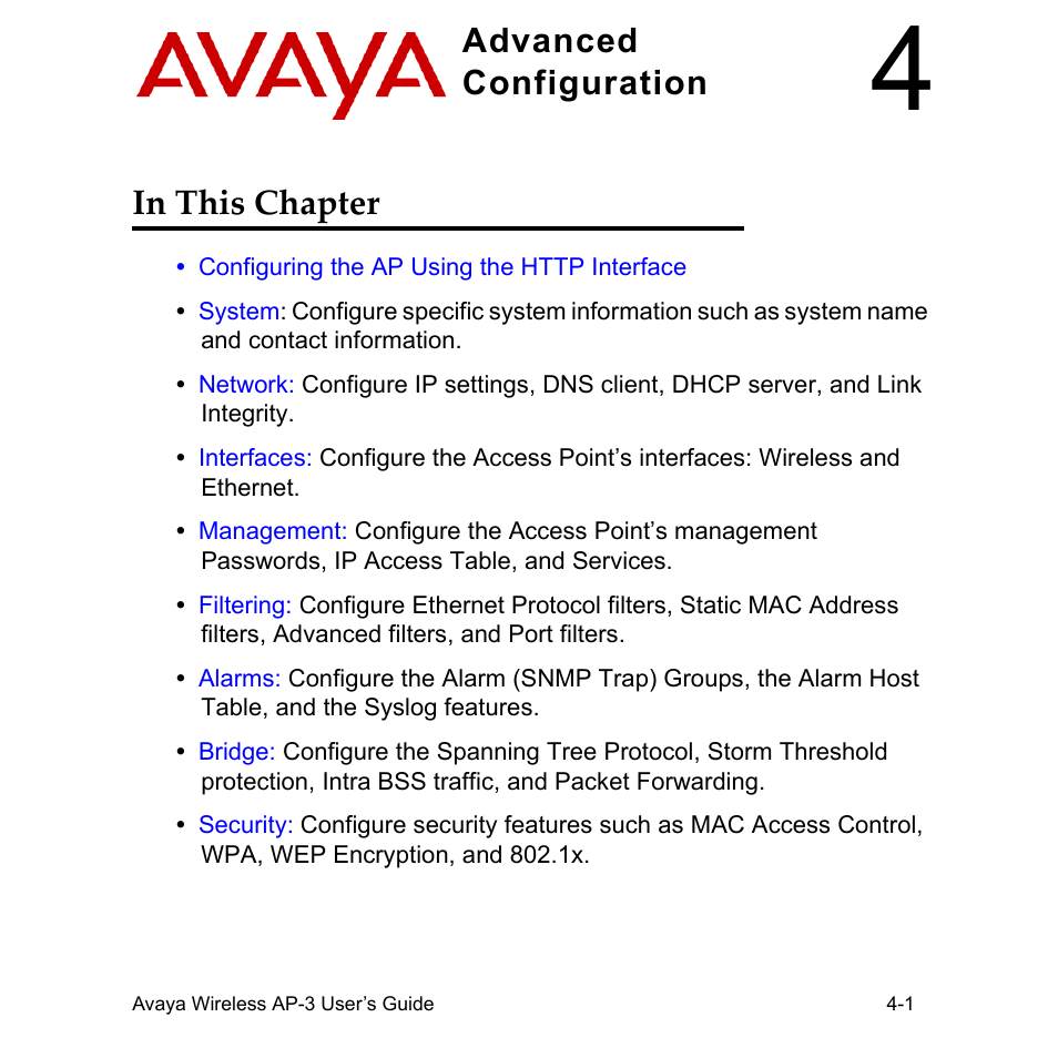 Advanced configuration, In this chapter, In this chapter -1 | Advanced configuration in this chapter | Avaya Wireless AP-3 User Manual | Page 89 / 425