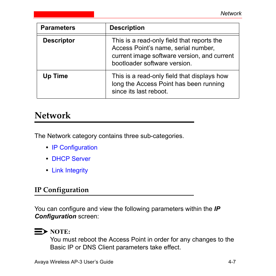 Network, Ip configuration, Network -7 | Ip configuration -7 | Avaya Wireless AP-3 User Manual | Page 95 / 425