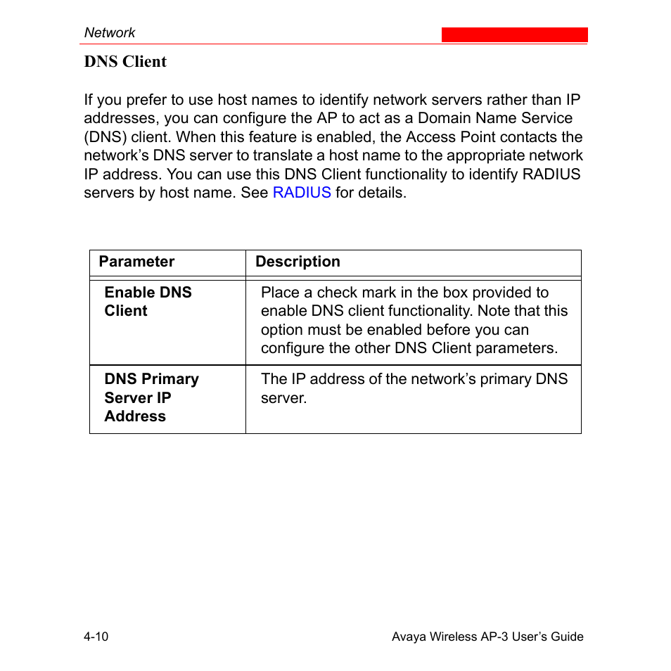 Dns client, Dns client -10 | Avaya Wireless AP-3 User Manual | Page 98 / 425
