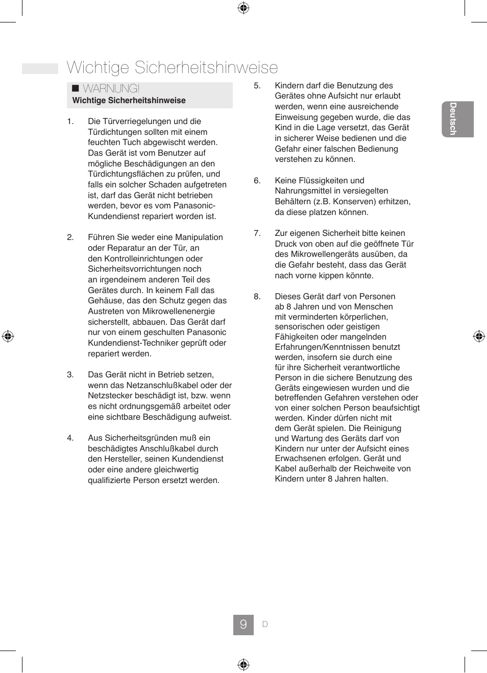 Wichtige sicherheitshinweise, Warnung | Panasonic NNGD462M User Manual | Page 11 / 34