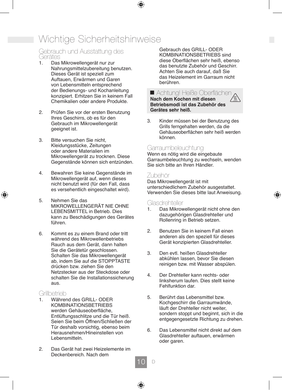 Wichtige sicherheitshinweise, Gebrauch und ausstattung des gerätes, Grillbetrieb | Achtung! heiße oberflächen, Garraumbeleuchtung, Zubehör, Glasdrehteller | Panasonic NNGD462M User Manual | Page 12 / 34