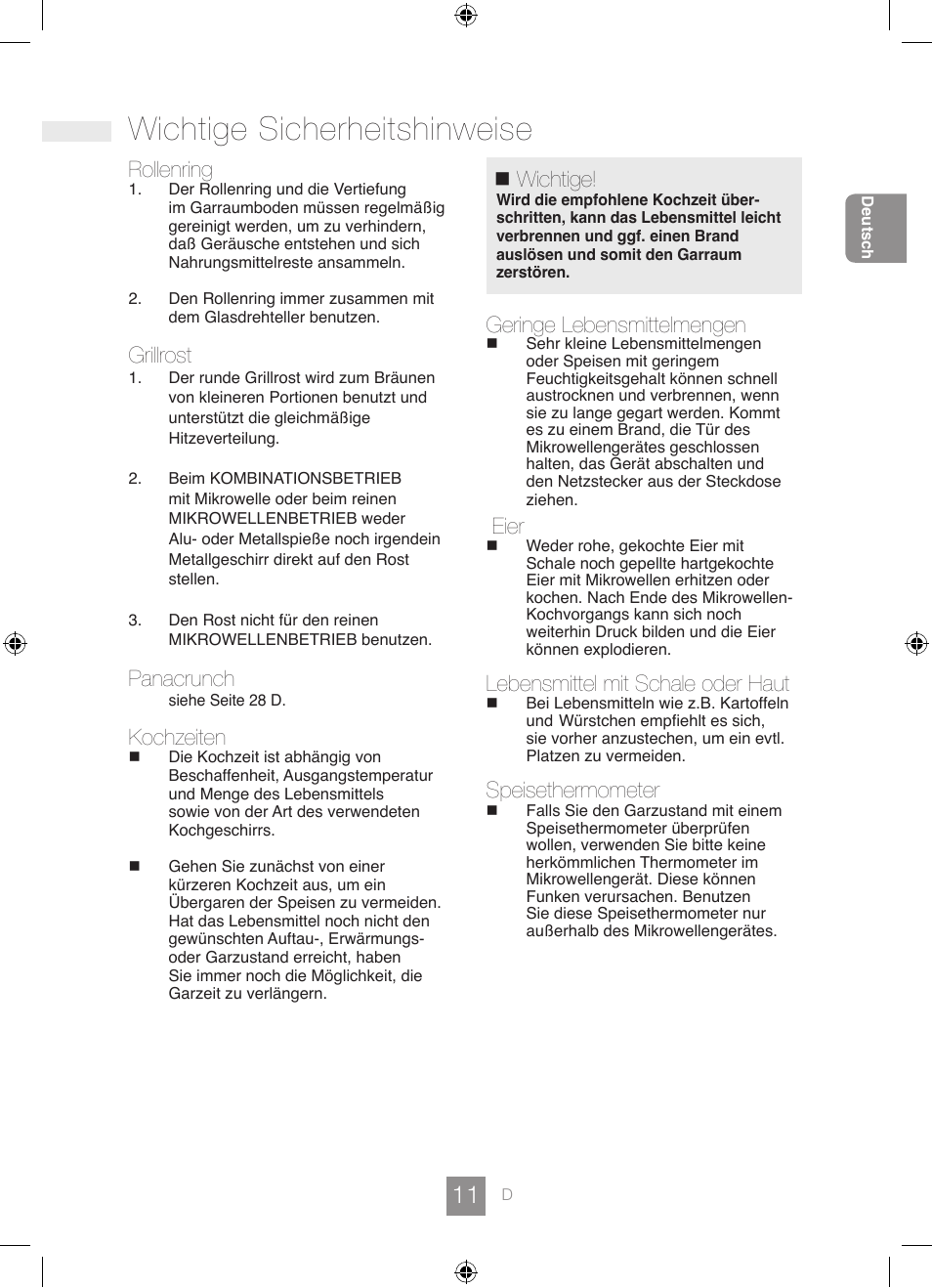 Wichtige sicherheitshinweise, Rollenring, Grillrost | Panacrunch, Kochzeiten, Wichtige, Geringe lebensmittelmengen, Eier, Lebensmittel mit schale oder haut, Speisethermometer | Panasonic NNGD462M User Manual | Page 13 / 34