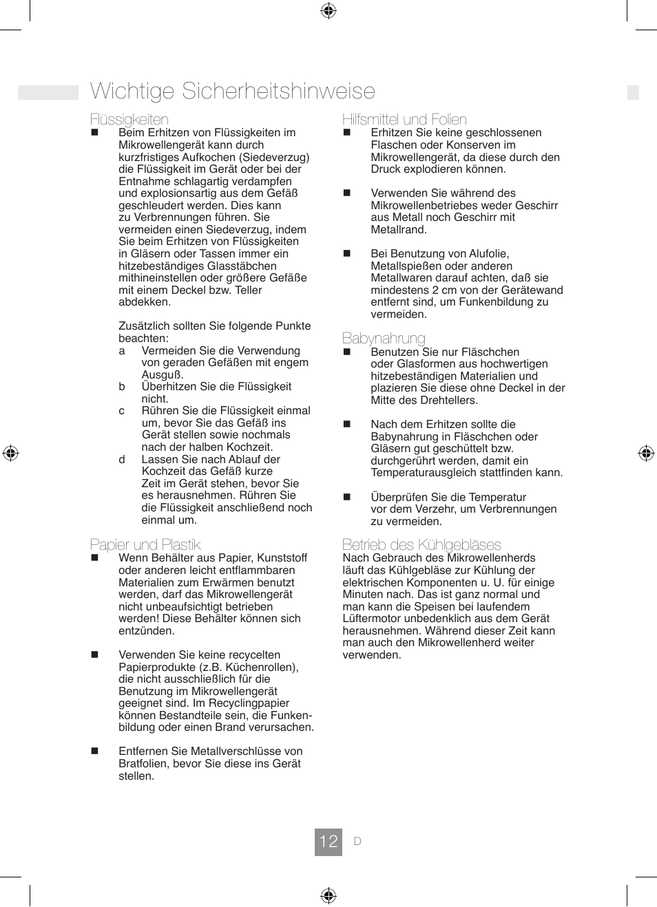 Wichtige sicherheitshinweise, Flüssigkeiten, Papier und plastik | Hilfsmittel und folien, Babynahrung, Betrieb des kühlgebläses | Panasonic NNGD462M User Manual | Page 14 / 34
