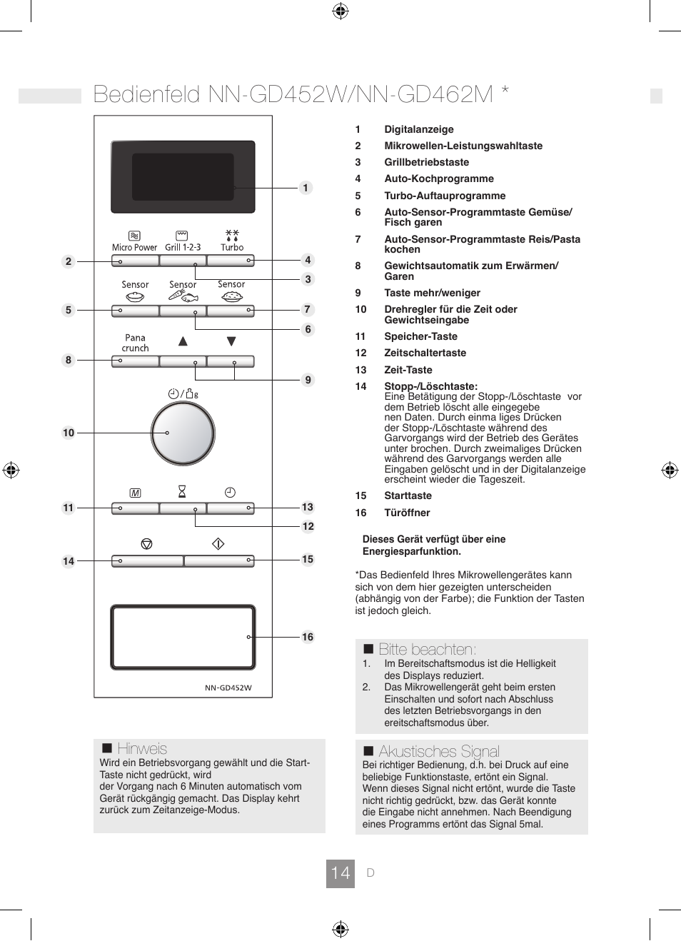 Hinweis, Bitte beachten, Akustisches signal | Panasonic NNGD462M User Manual | Page 16 / 34