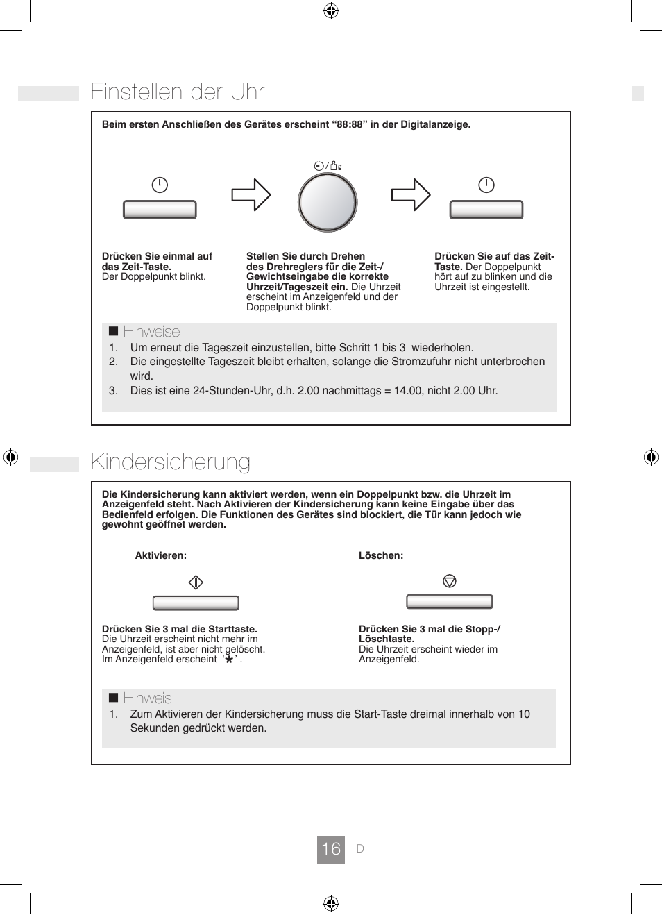Einstellen der uhr kindersicherung, Hinweis, Hinweise | Panasonic NNGD462M User Manual | Page 18 / 34
