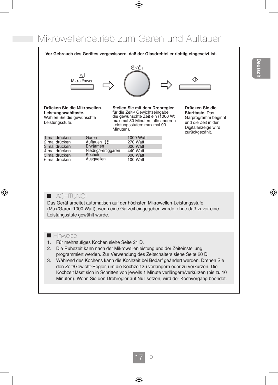 Mikrowellenbetrieb zum garen und auftauen, Achtung, Hinweise | Panasonic NNGD462M User Manual | Page 19 / 34