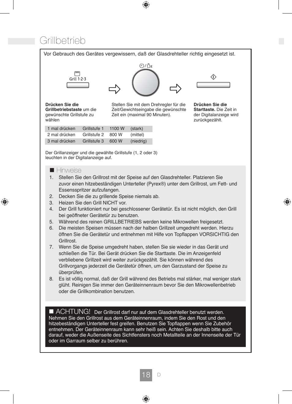 Grillbetrieb, Hinweise, Achtung | Panasonic NNGD462M User Manual | Page 20 / 34