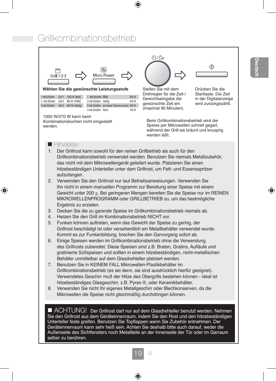 Grillkombinationsbetrieb, Hinweise, Achtung | Panasonic NNGD462M User Manual | Page 21 / 34