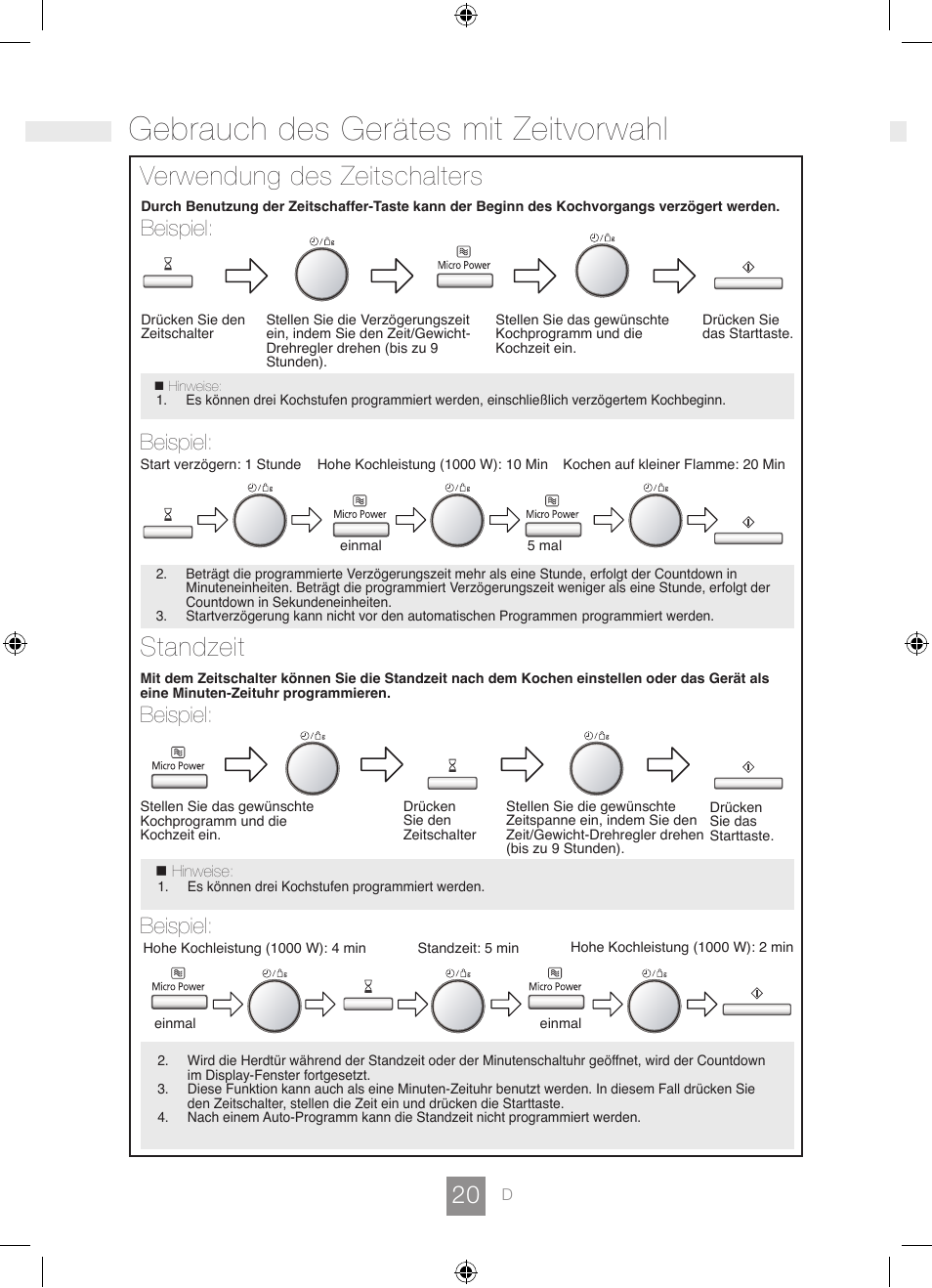 Gebrauch des gerätes mit zeitvorwahl, Verwendung des zeitschalters standzeit, Beispiel | Panasonic NNGD462M User Manual | Page 22 / 34