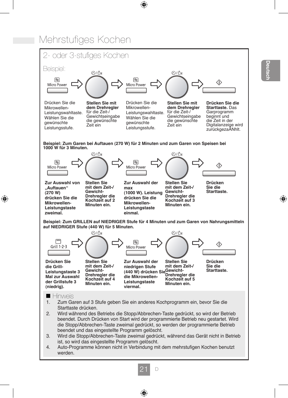 Mehrstufiges kochen, Oder 3-stufiges kochen, Hinweis | Beispiel | Panasonic NNGD462M User Manual | Page 23 / 34