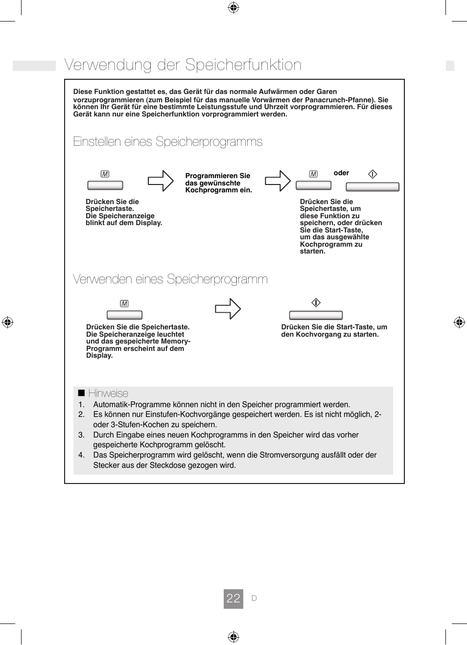 Verwendung der speicherfunktion, Einstellen eines speicherprogramms, Verwenden eines speicherprogramm | Hinweise | Panasonic NNGD462M User Manual | Page 24 / 34