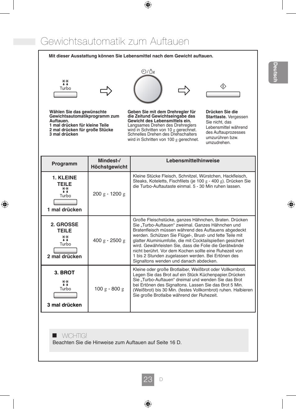 Gewichtsautomatik zum auftauen, Wichtig | Panasonic NNGD462M User Manual | Page 25 / 34