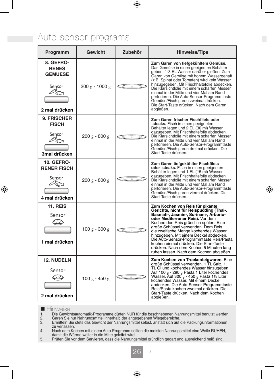 Auto sensor programs, Hinweise | Panasonic NNGD462M User Manual | Page 28 / 34