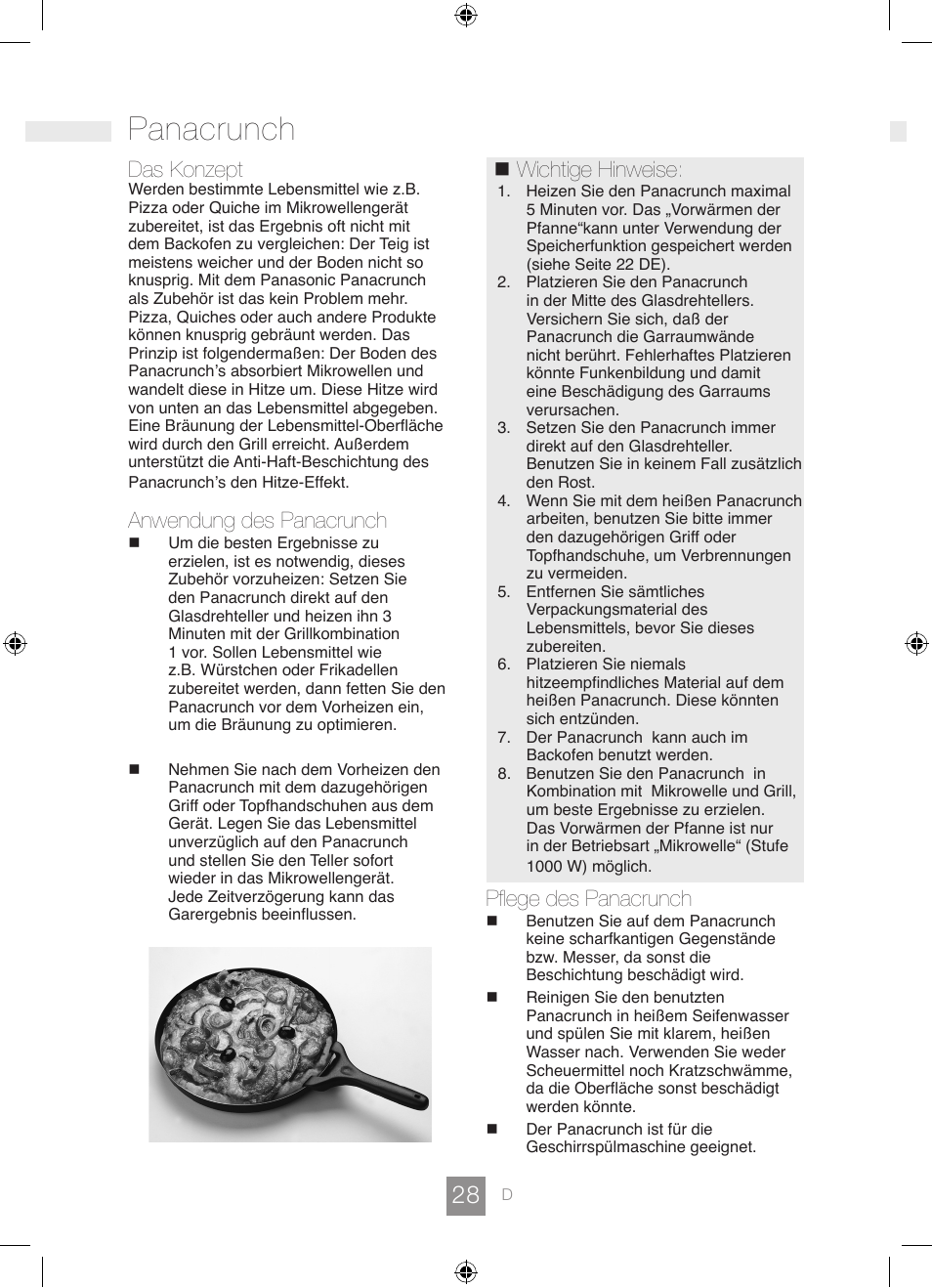 Panacrunch, Das konzept, Anwendung des panacrunch | Wichtige hinweise, Pflege des panacrunch | Panasonic NNGD462M User Manual | Page 30 / 34