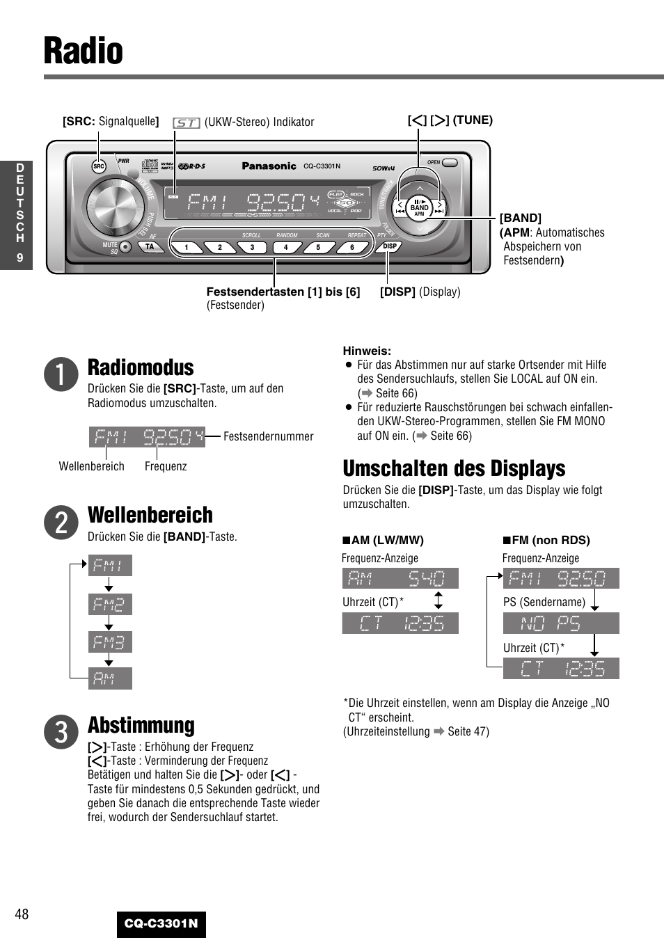 Radio, Radiomodus, Wellenbereich | Abstimmung, Umschalten des displays | Panasonic CQC3301N User Manual | Page 10 / 42