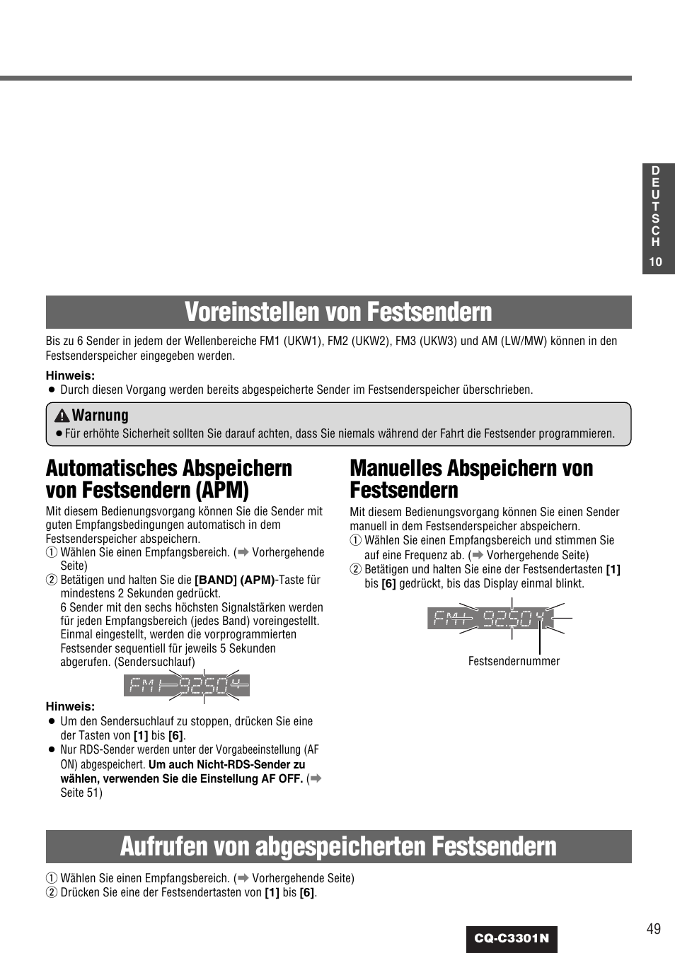 Voreinstellen von festsendern, Aufrufen von abgespeicherten festsendern, Automatisches abspeichern von festsendern (apm) | Manuelles abspeichern von festsendern, Warnung | Panasonic CQC3301N User Manual | Page 11 / 42