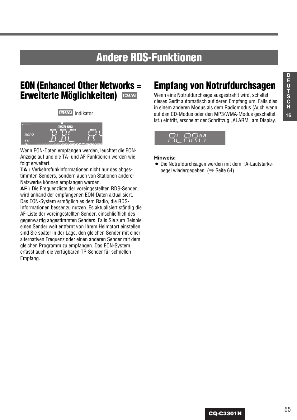 Andere rds-funktionen, Empfang von notrufdurchsagen | Panasonic CQC3301N User Manual | Page 17 / 42