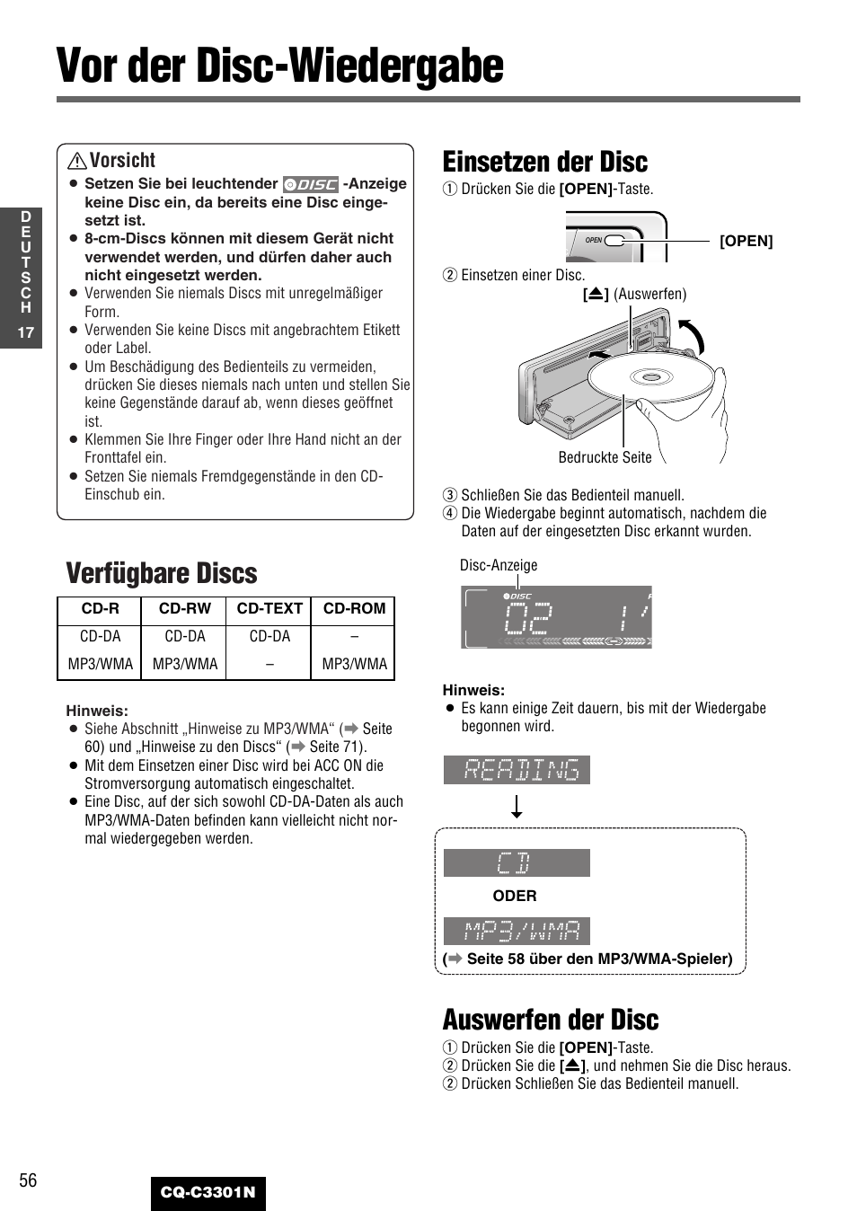 Vor der disc-wiedergabe, Verfügbare discs, Einsetzen der disc | Auswerfen der disc, Vorsicht | Panasonic CQC3301N User Manual | Page 18 / 42