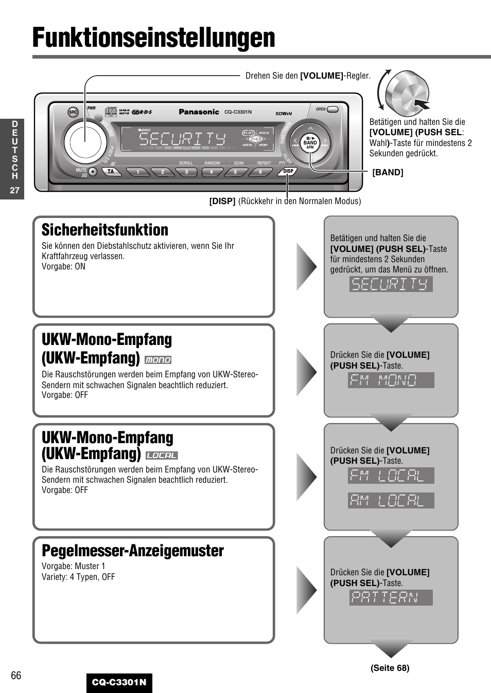 Funktionseinstellungen, Sicherheitsfunktion, Pegelmesser-anzeigemuster | Ukw-mono-empfang (ukw-empfang) | Panasonic CQC3301N User Manual | Page 28 / 42