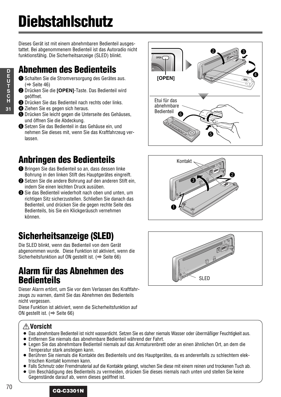 Diebstahlschutz, Abnehmen des bedienteils, Anbringen des bedienteils | Sicherheitsanzeige (sled), Alarm für das abnehmen des bedienteils, Vorsicht | Panasonic CQC3301N User Manual | Page 32 / 42