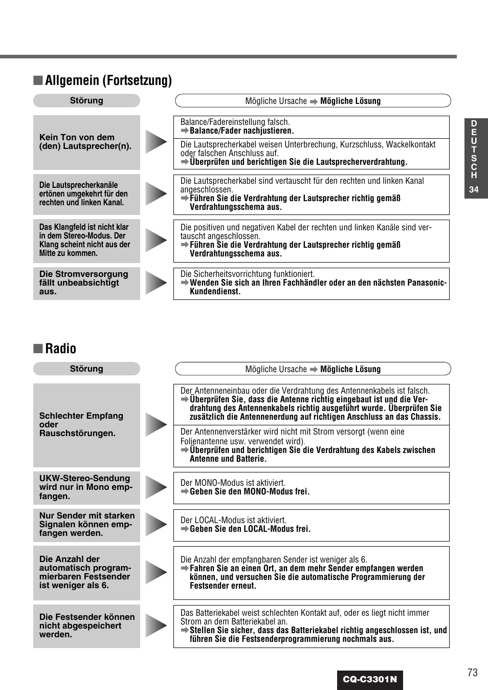 Allgemein (fortsetzung), Radio | Panasonic CQC3301N User Manual | Page 35 / 42