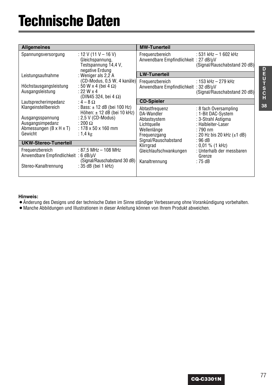 Technische daten | Panasonic CQC3301N User Manual | Page 39 / 42