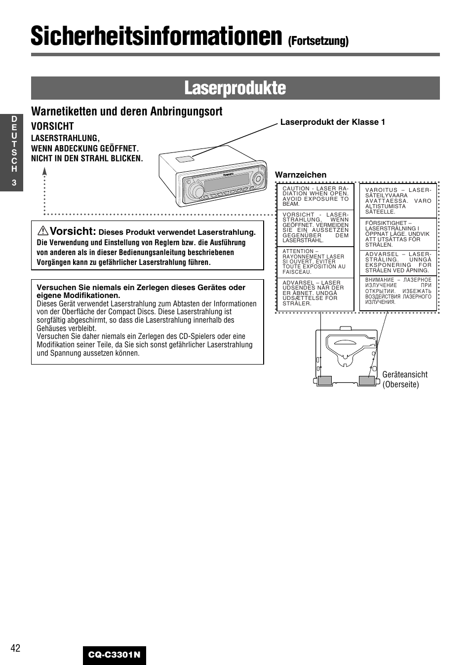 Sicherheitsinformationen, Laserprodukte, Fortsetzung) | Warnetiketten und deren anbringungsort, Vorsicht | Panasonic CQC3301N User Manual | Page 4 / 42