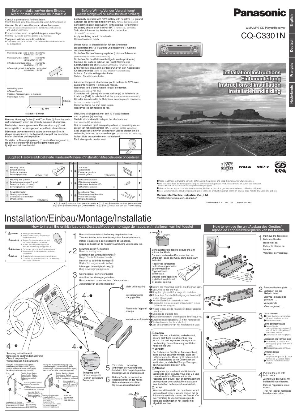 Installation/einbau/montage/installatie, Cq-c3301n, English deutsch français nederlands | Panasonic CQC3301N User Manual | Page 41 / 42