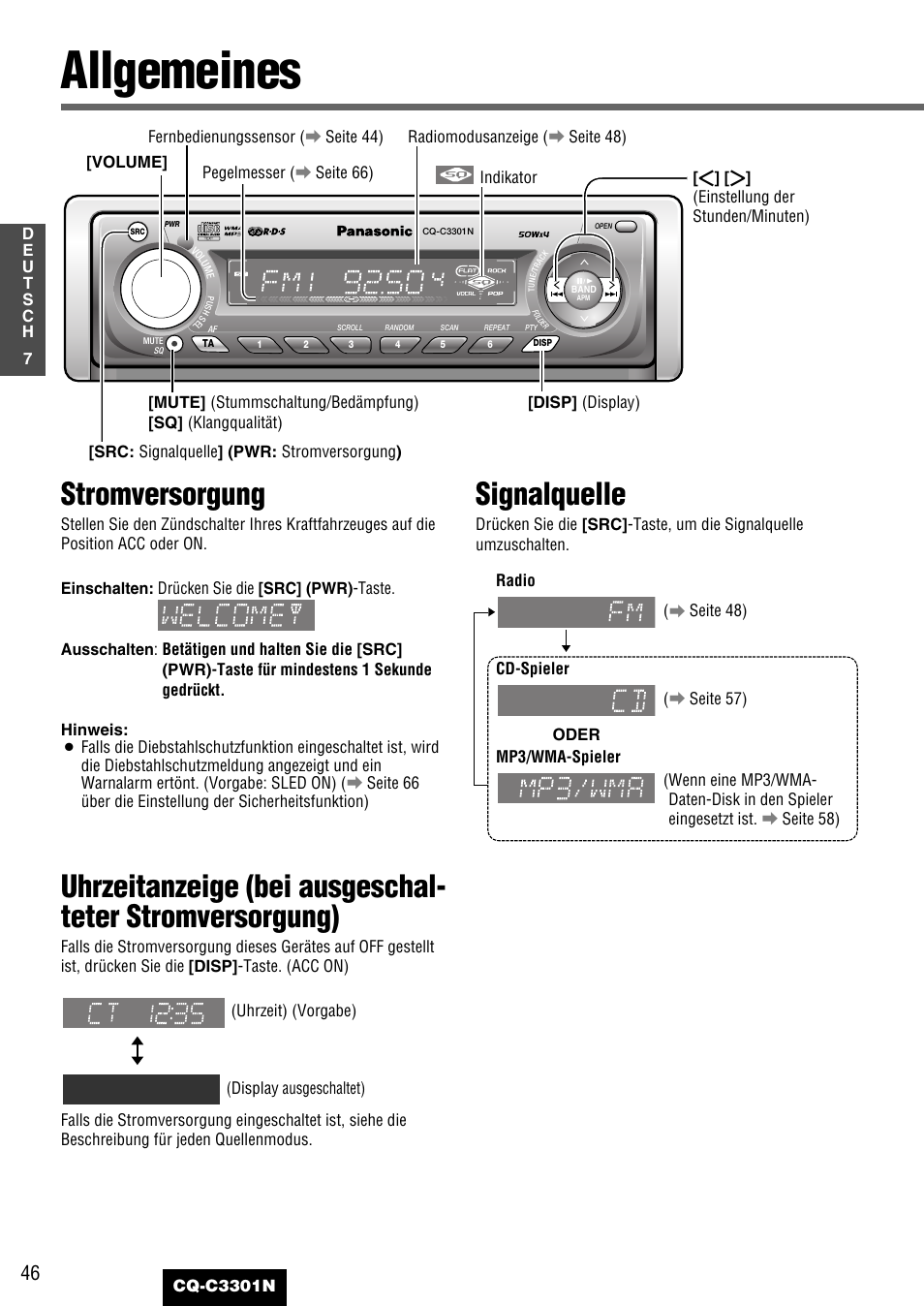 Allgemeines, Stromversorgung, Signalquelle | Panasonic CQC3301N User Manual | Page 8 / 42