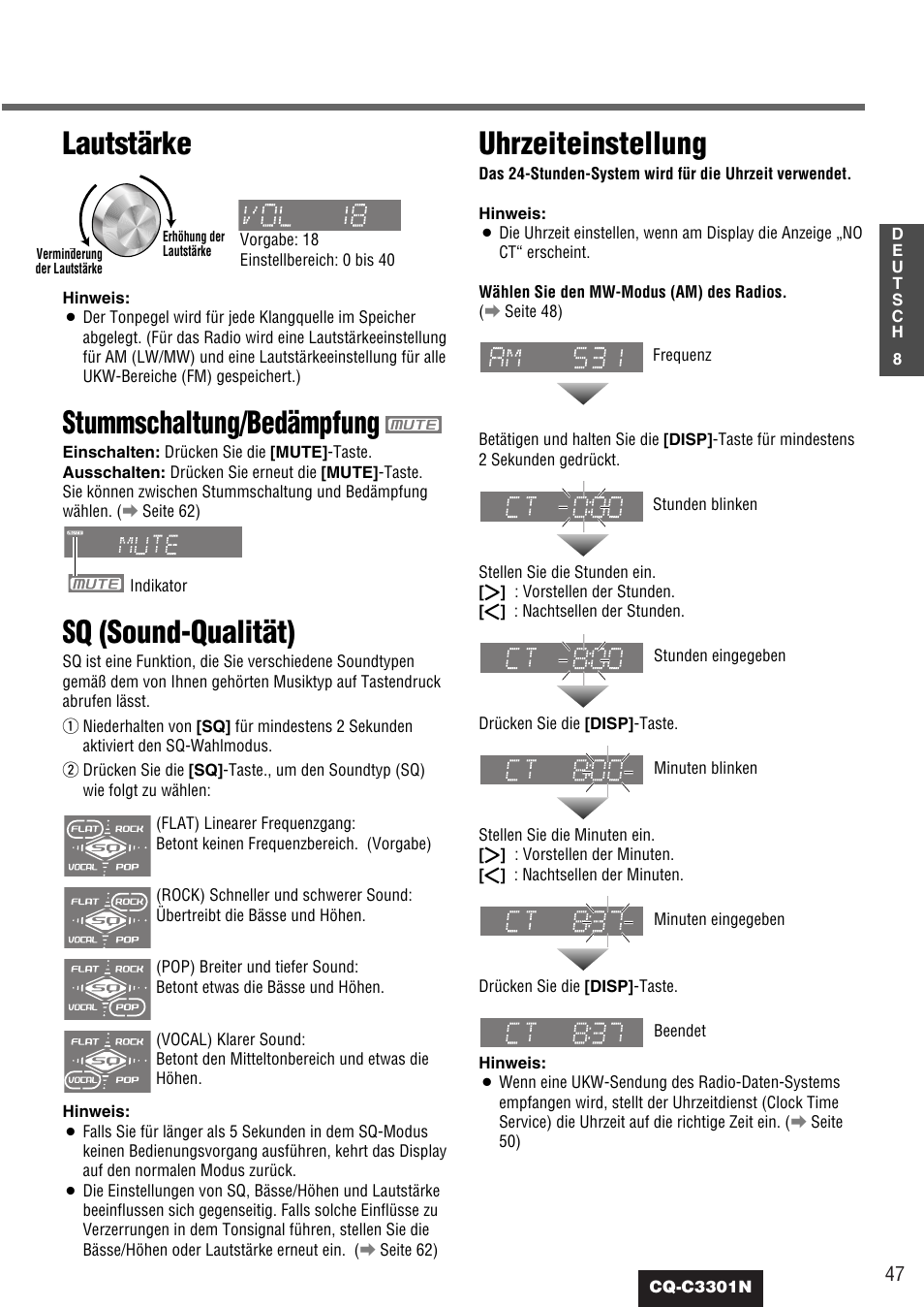 Lautstärke, Stummschaltung/bedämpfung, Sq (sound-qualität) | Uhrzeiteinstellung | Panasonic CQC3301N User Manual | Page 9 / 42