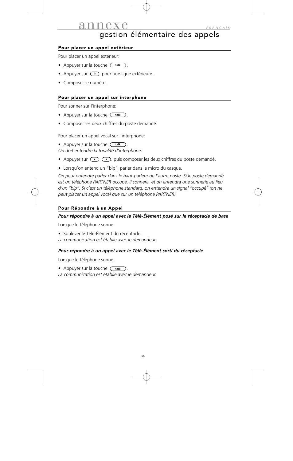 Annexe, Gestion élémentaire des appels | Avaya 10U100 User Manual | Page 56 / 94