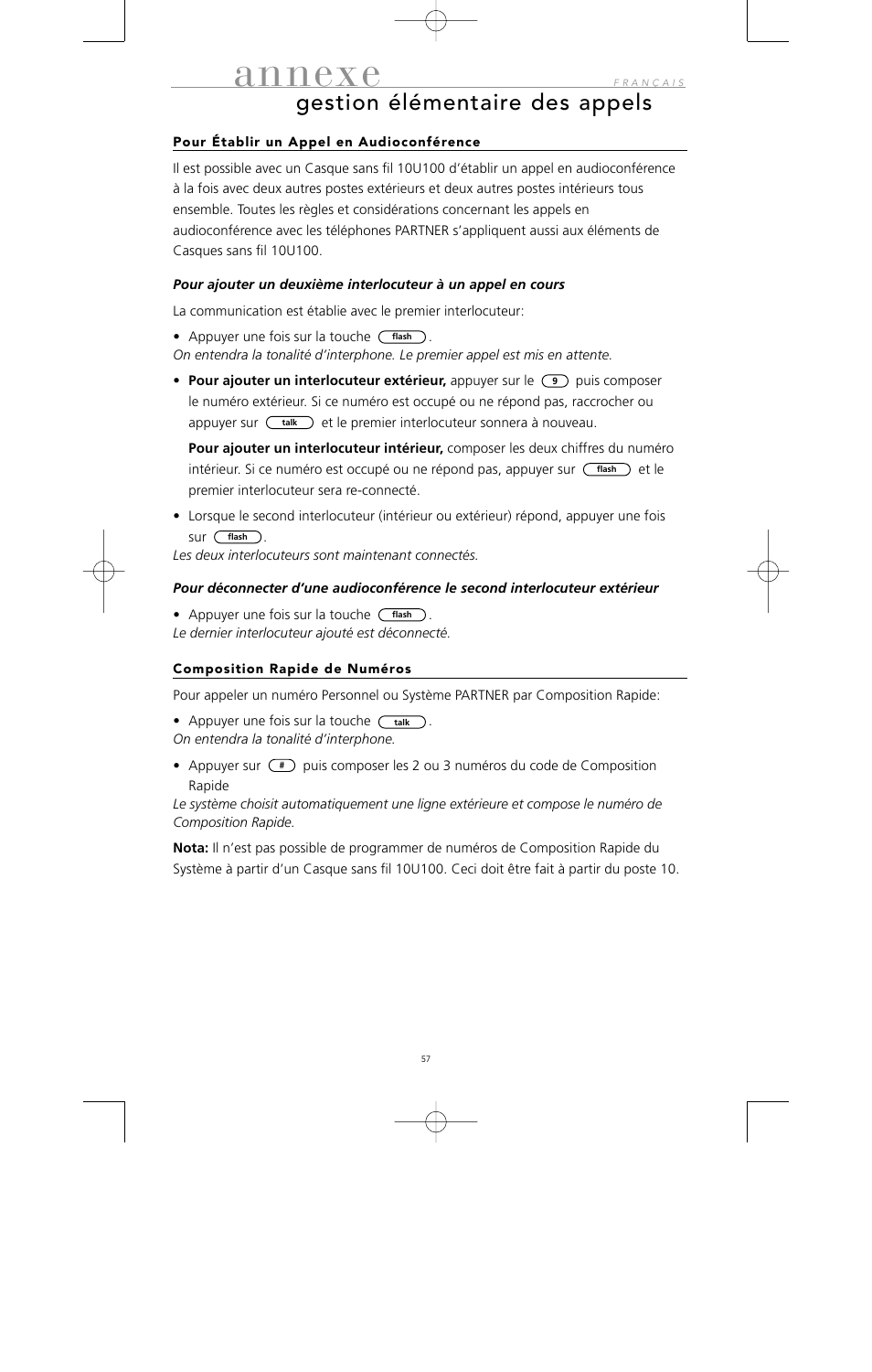Annexe, Gestion élémentaire des appels | Avaya 10U100 User Manual | Page 58 / 94