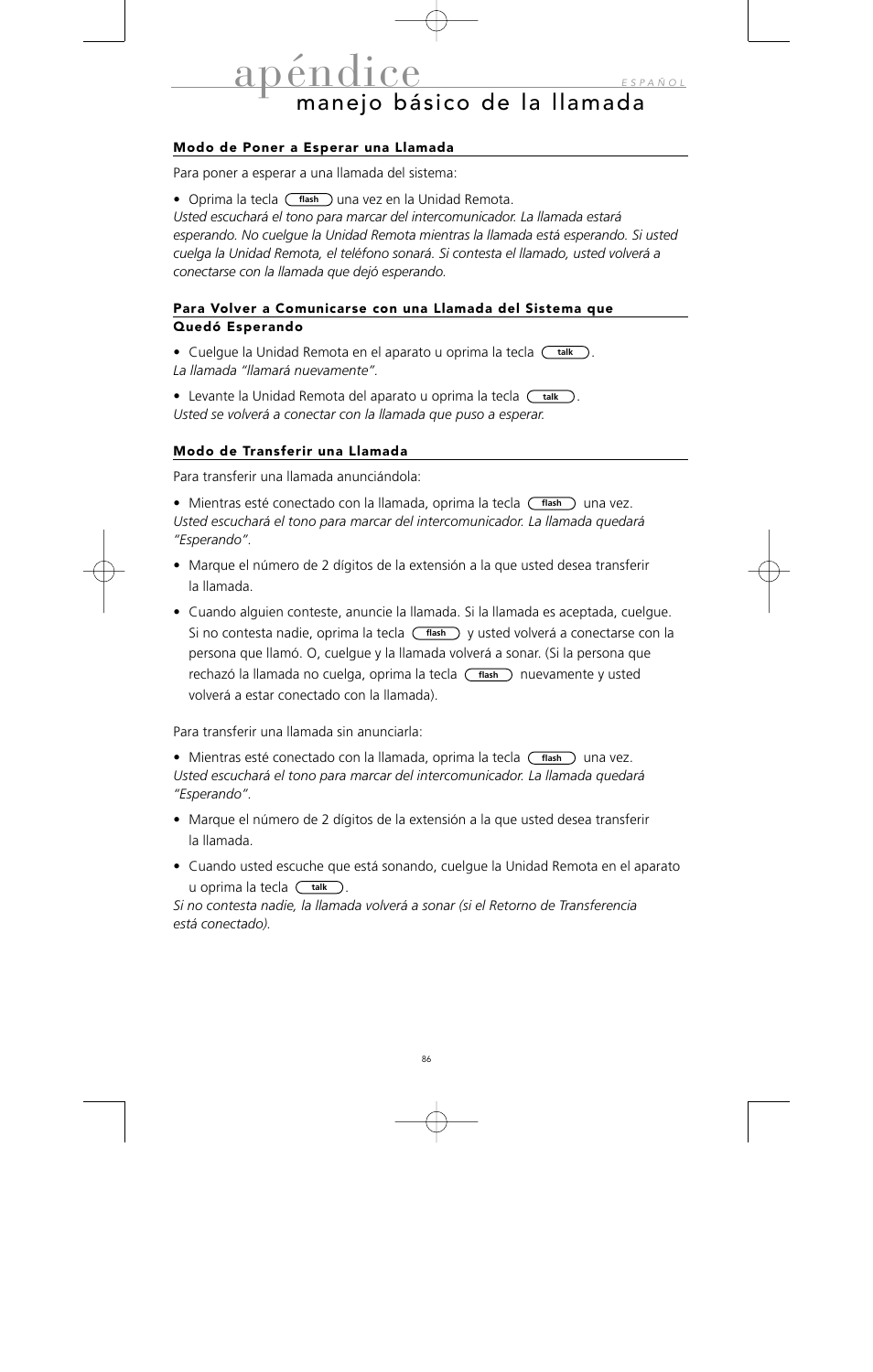 Apéndice, Manejo básico de la llamada | Avaya 10U100 User Manual | Page 87 / 94