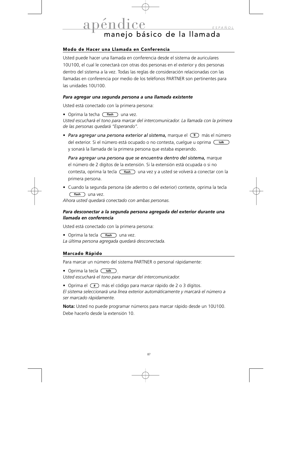 Apéndice, Manejo básico de la llamada | Avaya 10U100 User Manual | Page 88 / 94