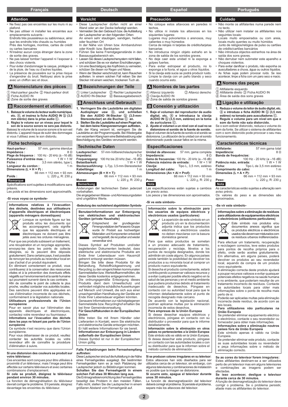 Deutsch español português français, Nomenclature des pièces, Raccordement et utilisation | Fiche technique, Bezeichnungen der teile, Anschluss und gebrauch, Technische daten, Nombres de las partes, Conexión y utilización, Especificaciones | Panasonic RPSP08 User Manual | Page 2 / 4