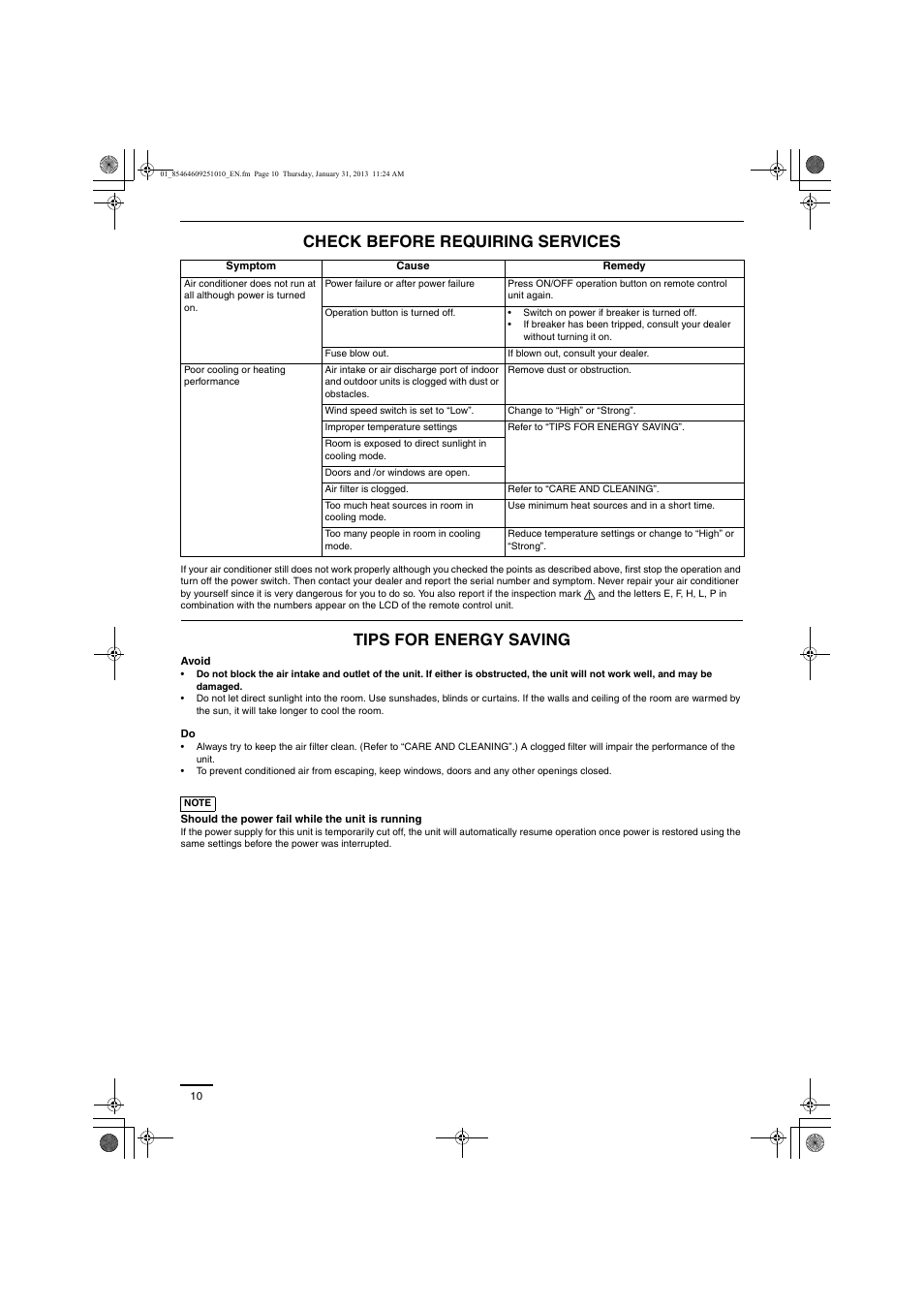 Check before requiring services, Tips for energy saving | Panasonic S224ME1E5A User Manual | Page 10 / 88