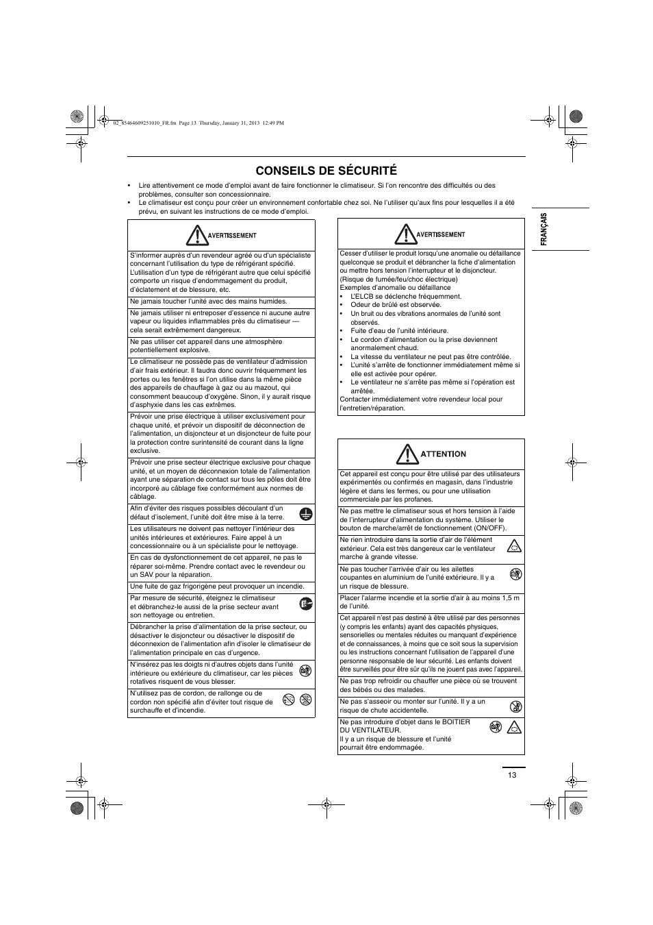 Conseils de sécurité | Panasonic S224ME1E5A User Manual | Page 13 / 88