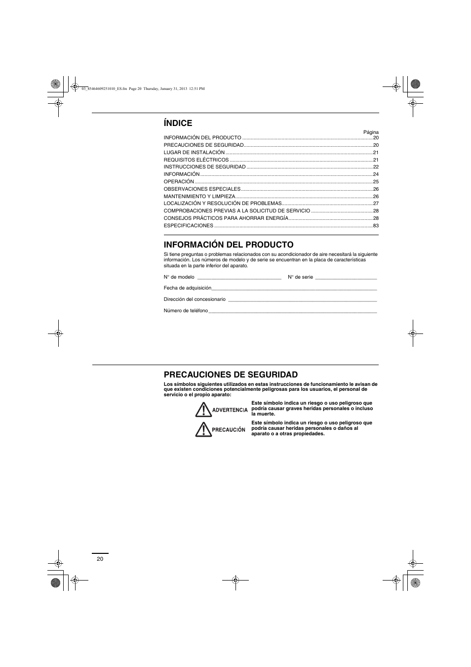 Índice, Información del producto, Precauciones de seguridad | Panasonic S224ME1E5A User Manual | Page 20 / 88