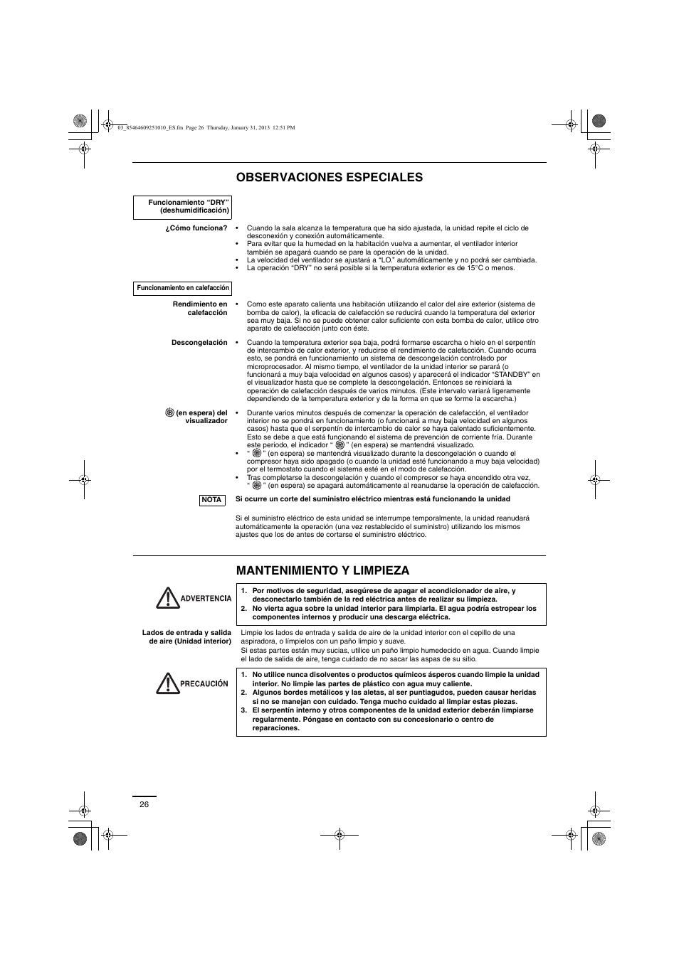 Observaciones especiales mantenimiento y limpieza | Panasonic S224ME1E5A User Manual | Page 26 / 88