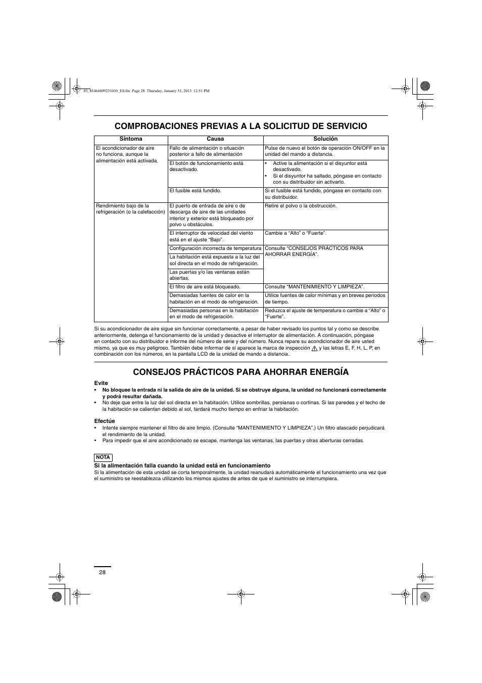 Comprobaciones previas a la solicitud de servicio, Consejos prácticos para ahorrar energía | Panasonic S224ME1E5A User Manual | Page 28 / 88
