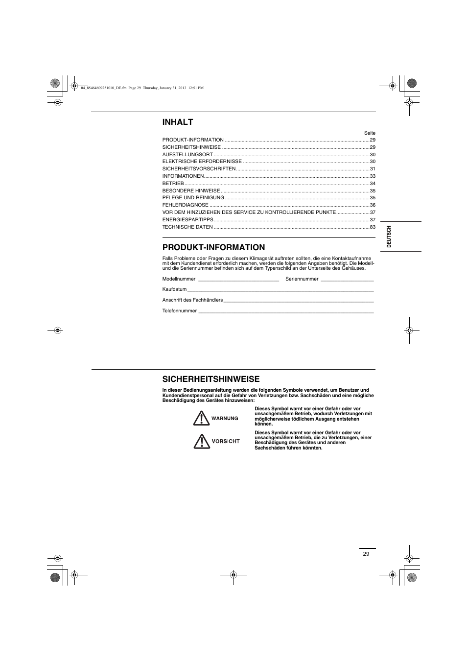 Inhalt, Produkt-information, Sicherheitshinweise | Panasonic S224ME1E5A User Manual | Page 29 / 88