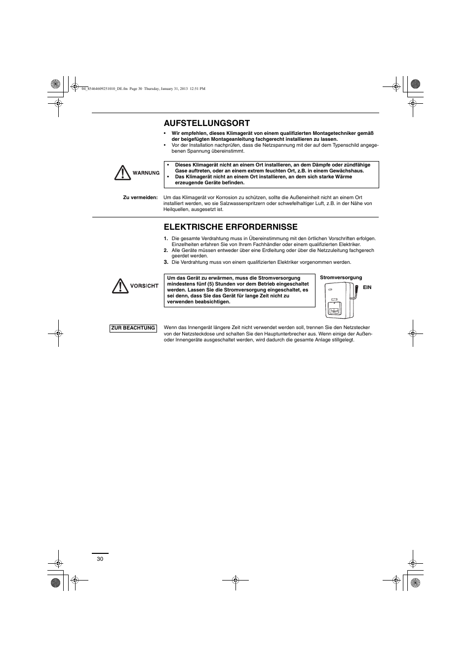 Aufstellungsort, Elektrische erfordernisse | Panasonic S224ME1E5A User Manual | Page 30 / 88