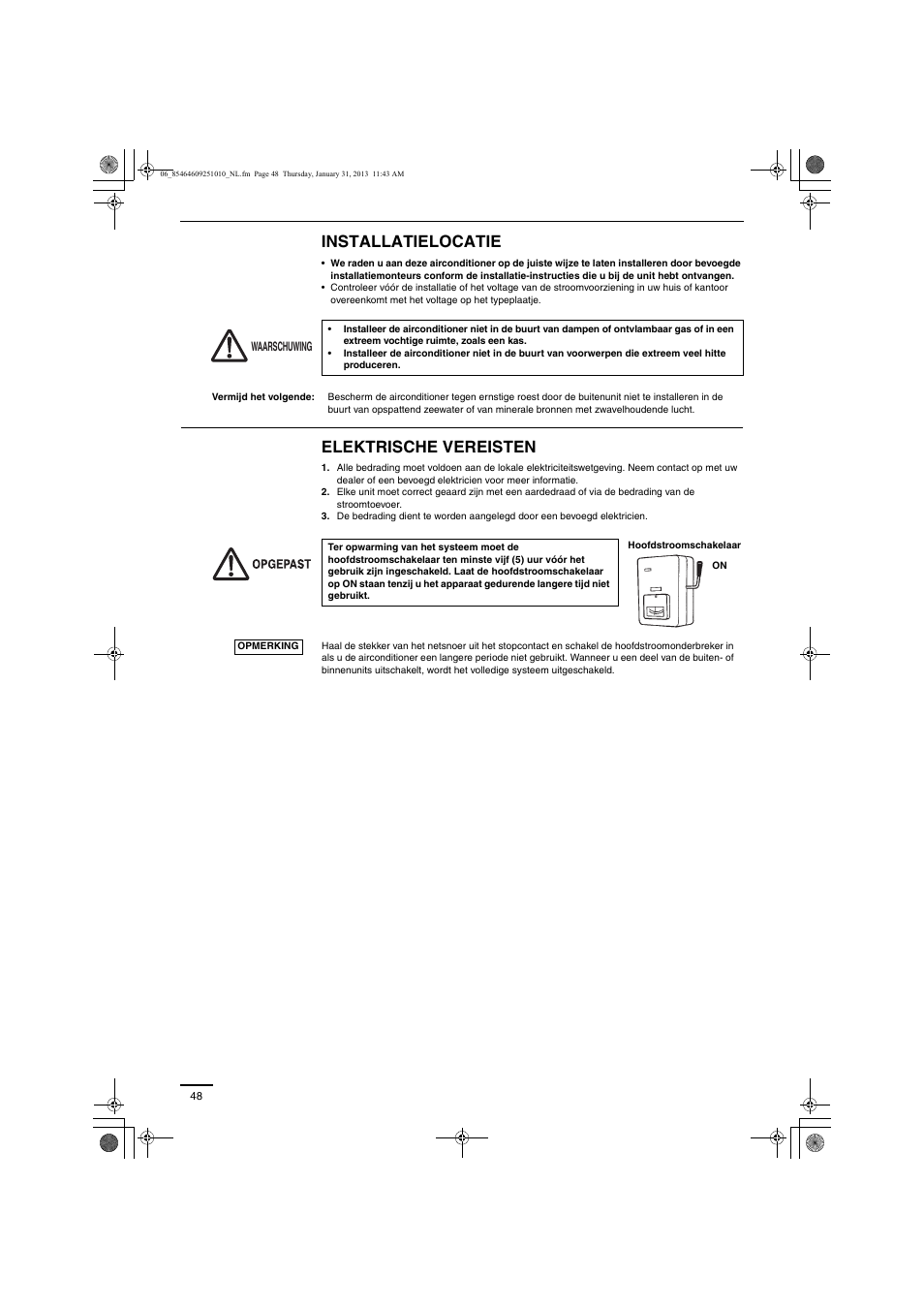 Installatielocatie, Elektrische vereisten | Panasonic S224ME1E5A User Manual | Page 48 / 88