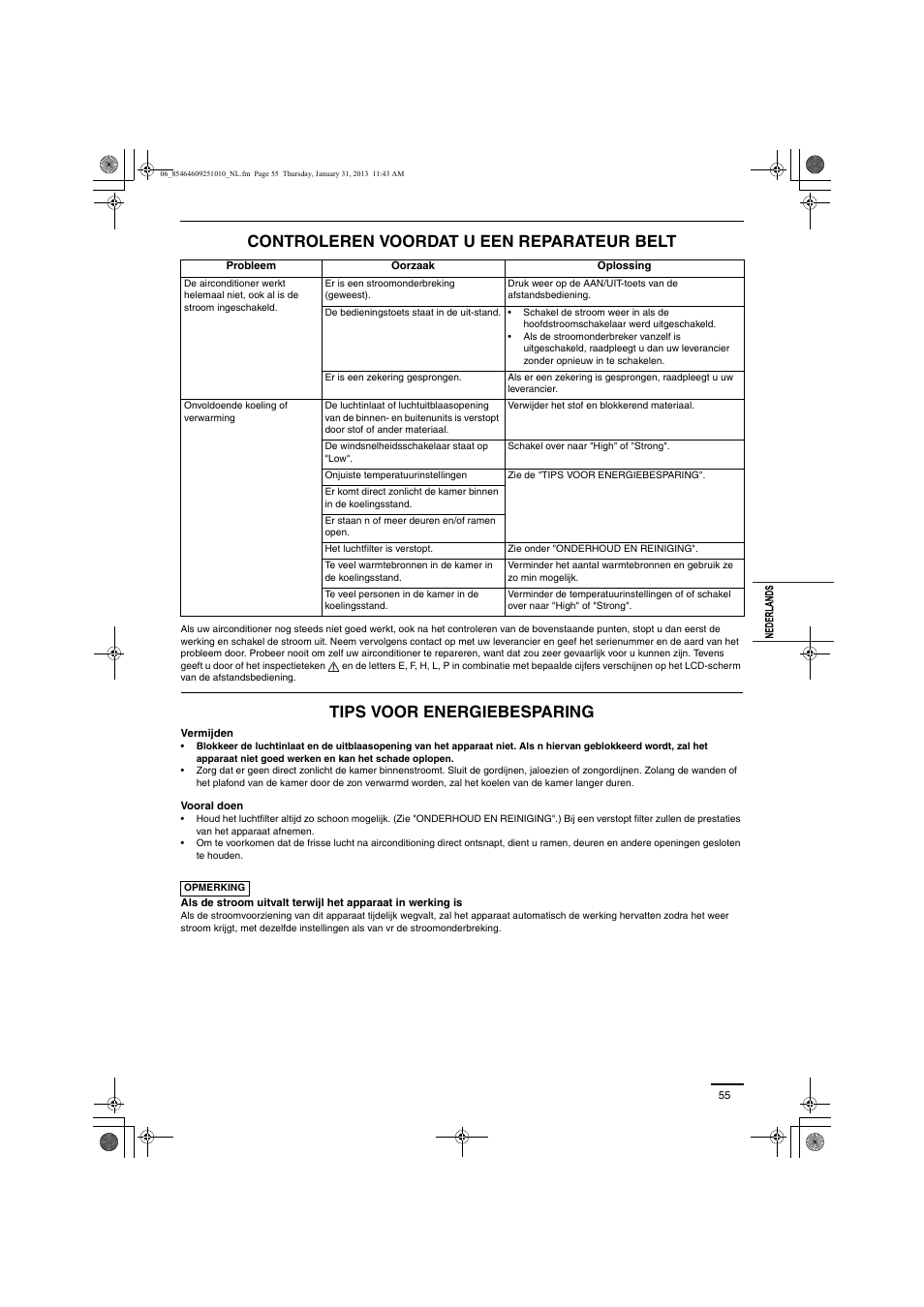 Controleren voordat u een reparateur belt, Tips voor energiebesparing | Panasonic S224ME1E5A User Manual | Page 55 / 88