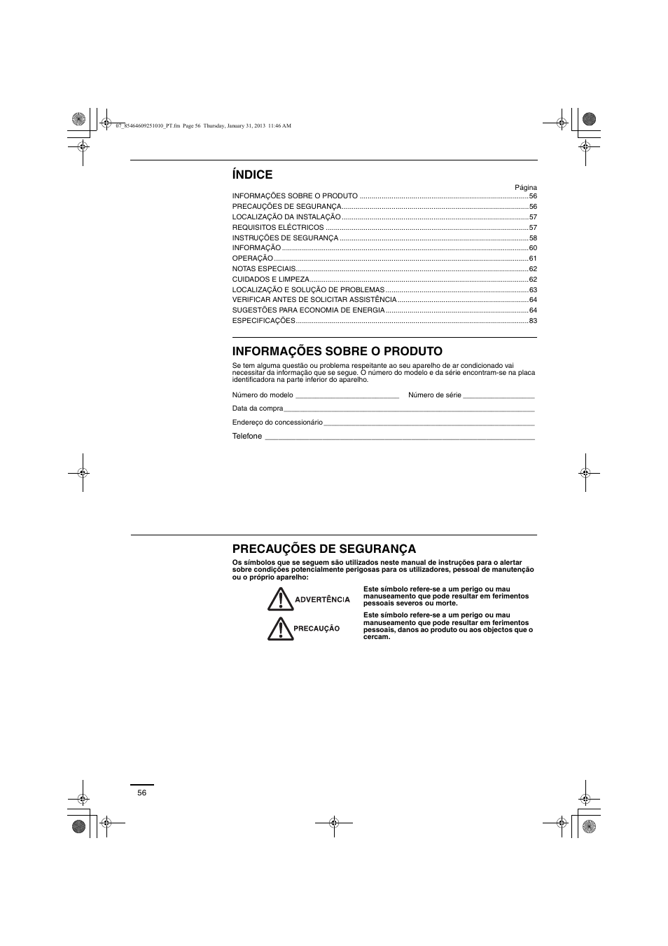 Índice, Informações sobre o produto, Precauções de segurança | Panasonic S224ME1E5A User Manual | Page 56 / 88